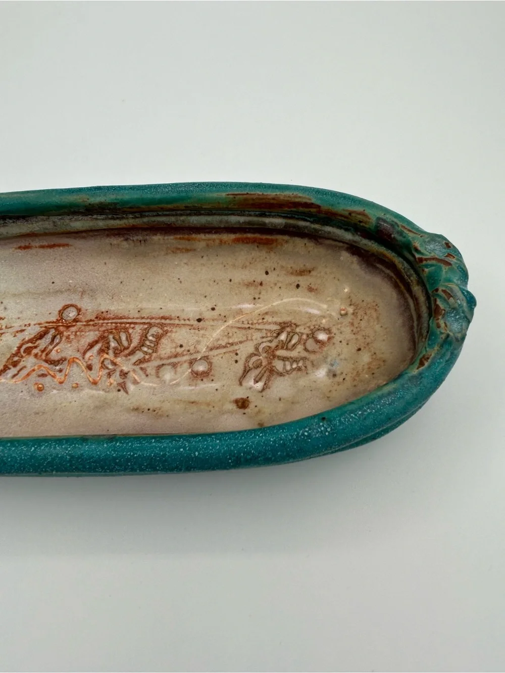 Studio Pottery Oval Serving Tray Trinket Dish Blue Gray Signed Decorative Scene